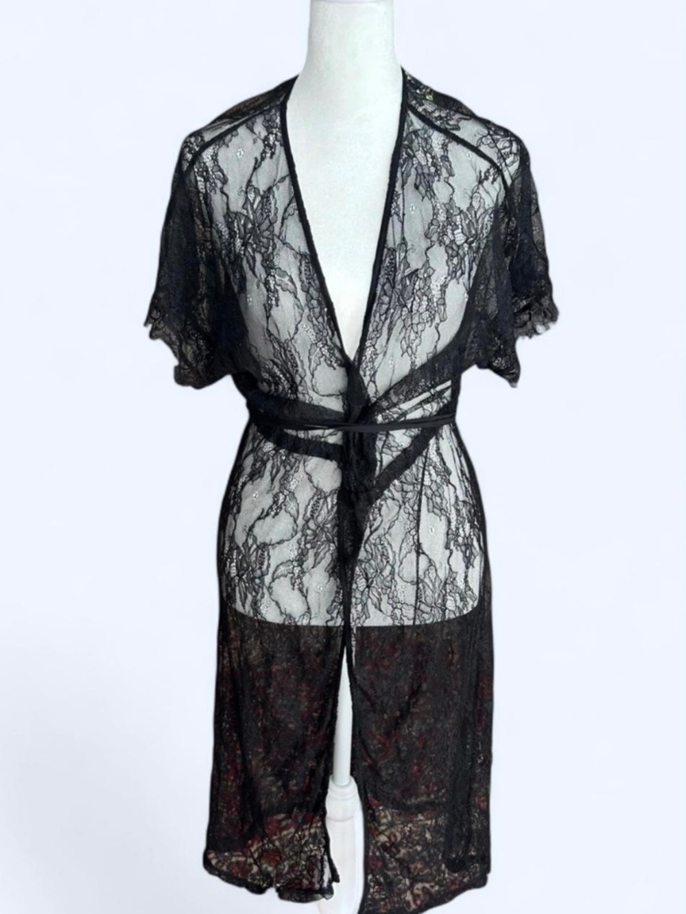 Black Lace Kimono Cover Up Dress Tie Waist- Size M